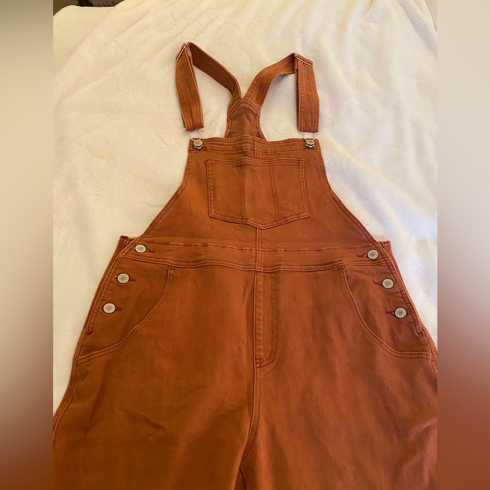 Rust colored stretchy denim overalls